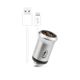 Fonex - Set de Încărcare auto 2x USB / Lightning, 2100 mA, 10W, argint